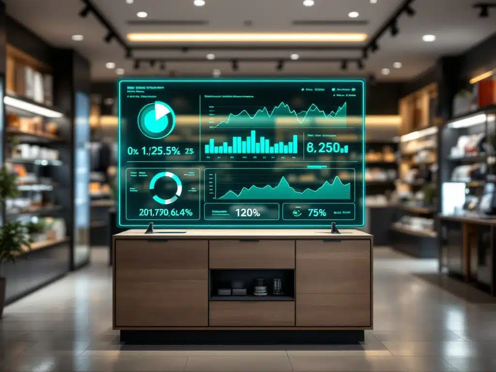 Moderne omnichannel retail omgeving met geïntegreerde fysieke winkel en webshop, verbonden door datalijnen en een holografisch dashboard dat ROI-metrics toont.