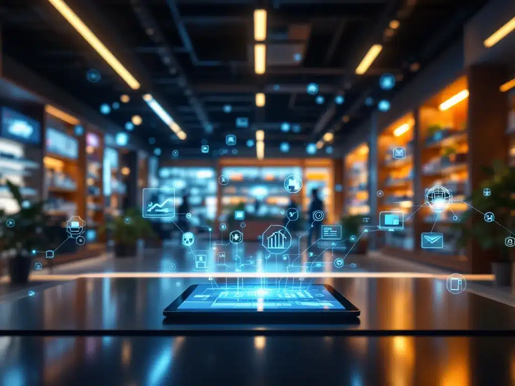 Futuristisch retaillandschap met naadloze integratie van fysieke en digitale verkoopkanalen, verbonden door gegevensstroompaden in een professioneel blauw omnichannel ecosysteem.