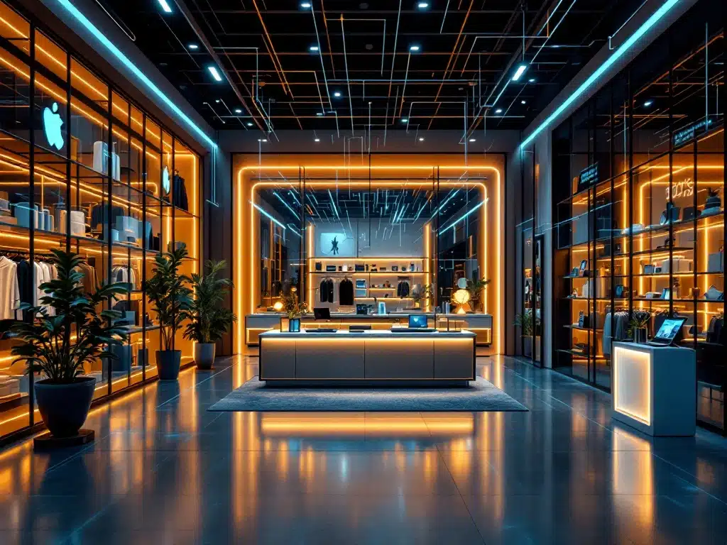 Moderne winkelomgeving met naadloze integratie van fysieke en digitale kanalen, verbonden door lichtlijnen en holografische datastromen voor omnichannel retail.
