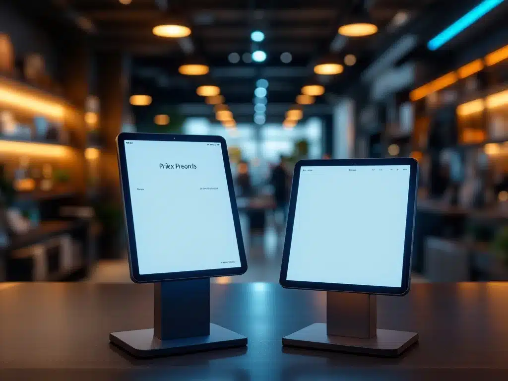 Luxeproduct met twee prijskaartjes: fysiek in stijlvolle winkelomgeving en digitaal op tablet, met zichtbaar prijsverschil en MarketLeap huisstijlkleuren blauw en oranje.