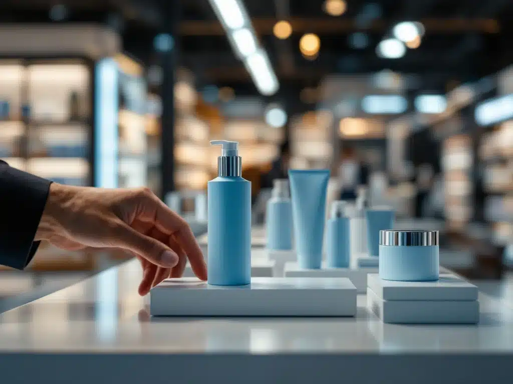 Elegante hand plaatst innovatief verpakt product op modern retailschap tussen wazig weergegeven merkartikelen. Warme kleuren met blauwe accenten in stijlvolle winkelomgeving.
