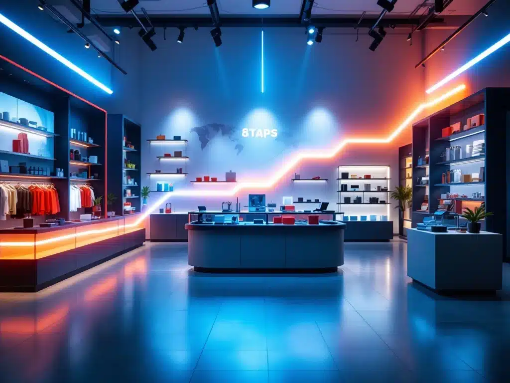 Modern winkelinterieur met product dat van e-commerce naar fysieke retail beweegt, gevisualiseerd door lichtcurve en 8-stappen groeistrategie voor retailpenetratie.