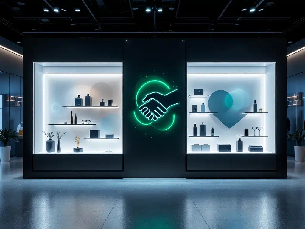Twee elegante retaildisplays verbonden door lichtlijnen tonen luxe producten met een opwaartse grafiek. Schaduwen suggereren een handdruk in een professionele winkelomgeving.