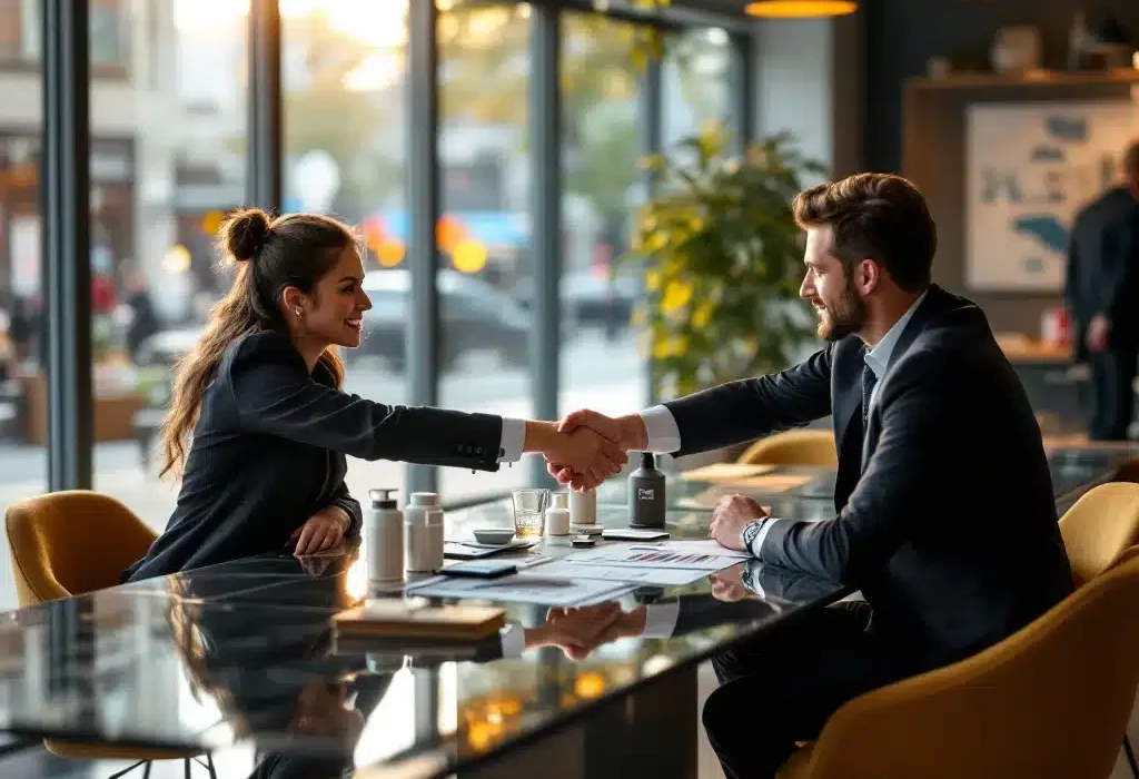 Professionele retail pitch setting met productdisplay, tablet met omzetgrafieken en handdruk die een succesvolle deal symboliseert in moderne vergaderruimte.