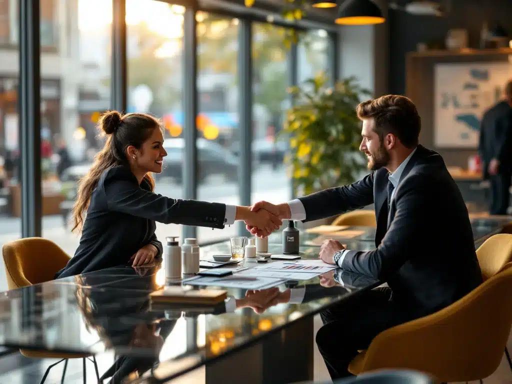 Professionele retail pitch setting met productdisplay, tablet met omzetgrafieken en handdruk die een succesvolle deal symboliseert in moderne vergaderruimte.