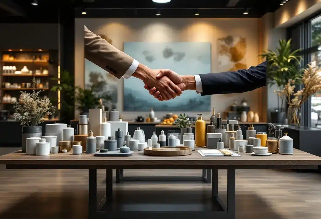 Professionele showroom met premium productdisplay op elegante houten tafel, handdruk symboliseert retail partnership, plattegrond toont winkellocaties in warm zonlicht.