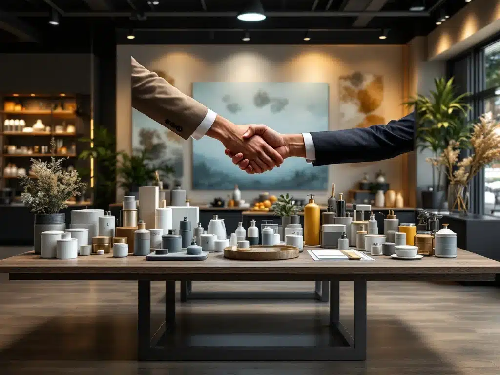 Professionele showroom met premium productdisplay op elegante houten tafel, handdruk symboliseert retail partnership, plattegrond toont winkellocaties in warm zonlicht.