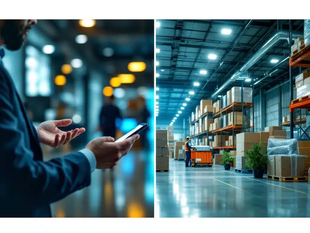 Split-screen vergelijking: zakenhand presenteert producten zonder aanraking (sales agent) tegenover warehouse met logistieke activiteiten (distributeur) in professionele setting.