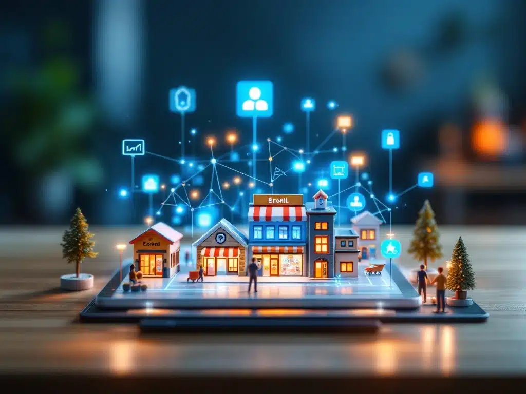 3D-model van een omnichannel-verkoopnetwerk op een bureau, met winkel, e-commerce, partnerschappen en distributie verbonden door blauwe lijnen naar een centraal groeisymbool.