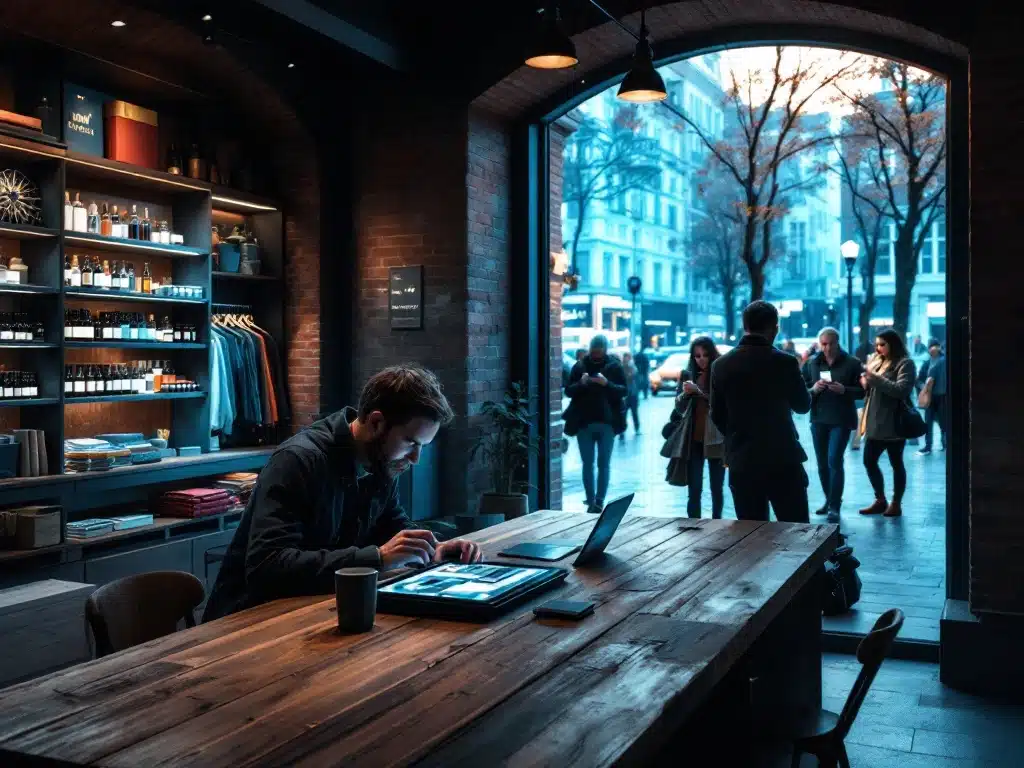 Verlaten winkelinterieur met moderne digitale hoek. Kassabalie met tablet toont online winkel naast smartphone en winkelmandje.