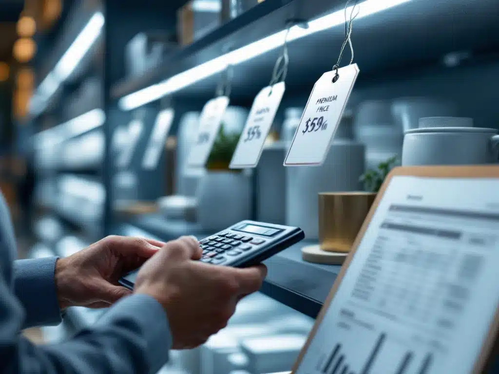 Zakenman plaatst product op premium winkelschap terwijl hij margeberekeningen maakt met calculator en tablet. Prijskaartjes duidelijk zichtbaar onder professionele verlichting.
