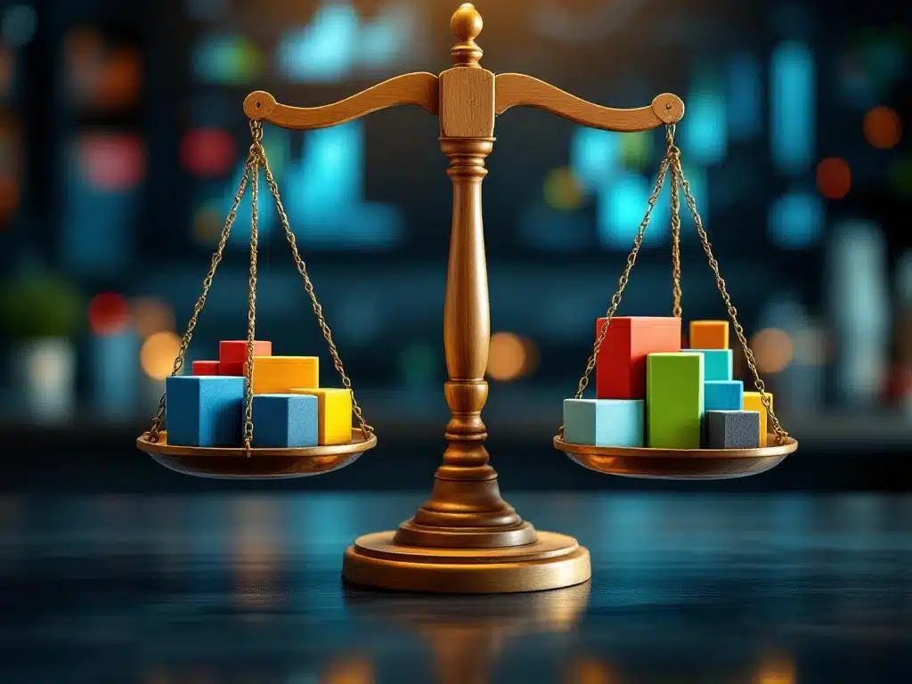 Houten balansschaal met kleurrijke blokken op bureau, zakelijke grafieken op achtergrond, professionele verlichting
