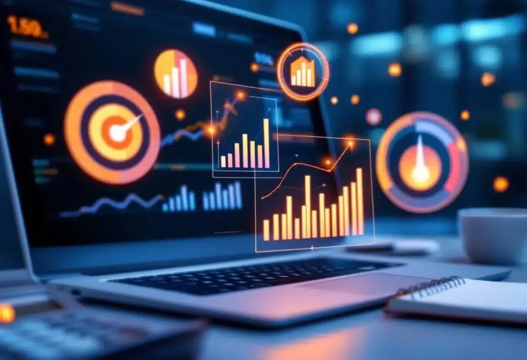 Digitaal dashboard met kleurrijke analytics grafieken en KPI-statistieken op computerscherm met prestatie-iconen