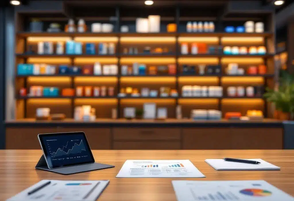 Nederlandse winkel met producten op planken en zakelijke documenten met groeicijfers op tafel in voorgrond