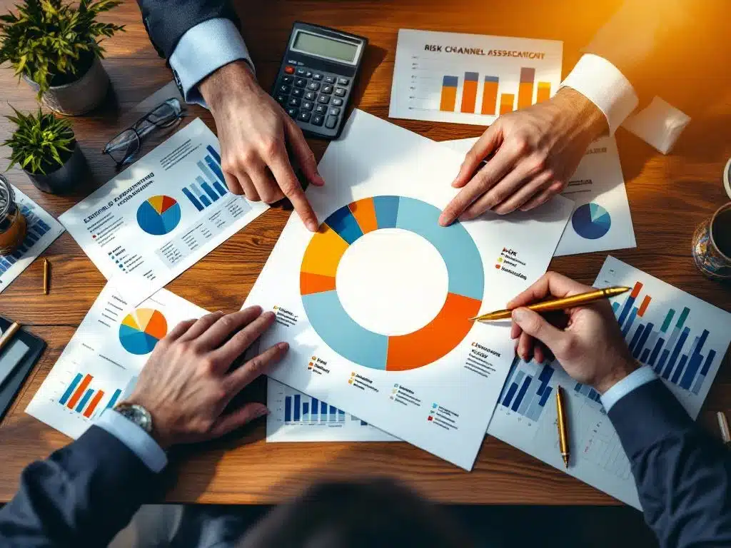 Zakenman analyseert kleurrijke cirkeldiagrammen voor verkoopkanaal diversificatie op houten bureau met calculator en pen
