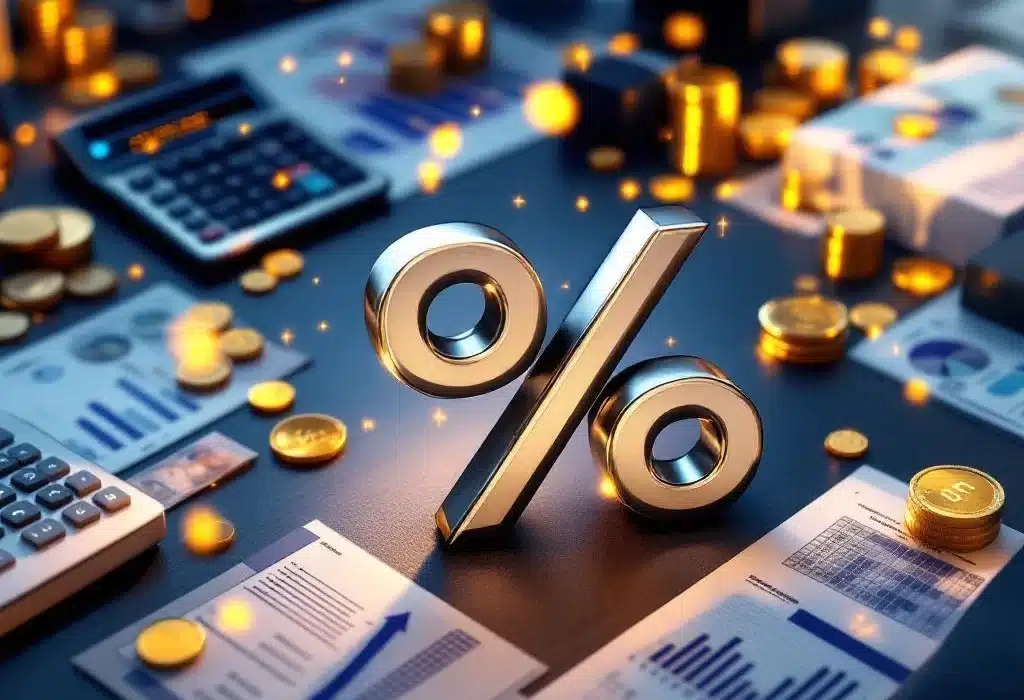 Moderne bestuurskamer met financiële grafieken, holografische percentagesymbolen en strategische prijsberekeningen voor retail