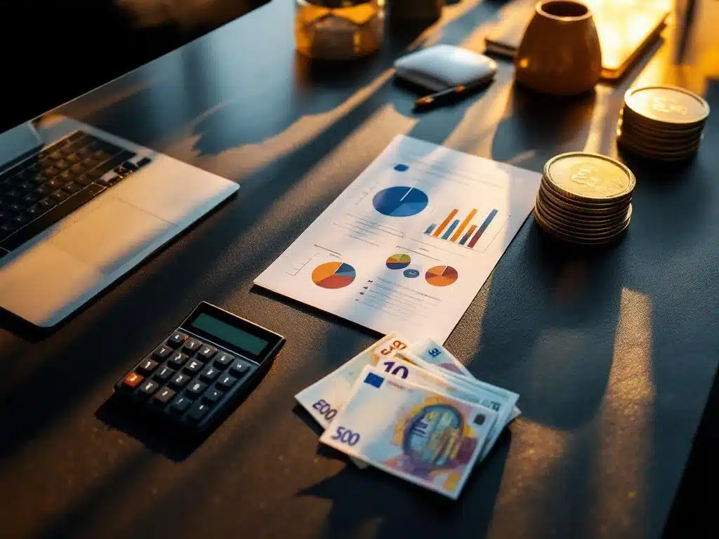 Modern bureau met calculator, euro bankbiljetten, zakelijke documenten en leren portfolio van bovenaf gezien
