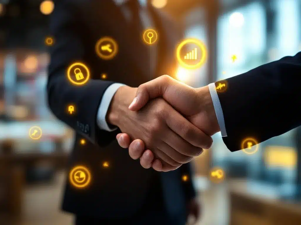 Professionele handdruk tussen zakenpartners met tablet vol retailanalyses in moderne winkel, gouden pictogrammen zweven