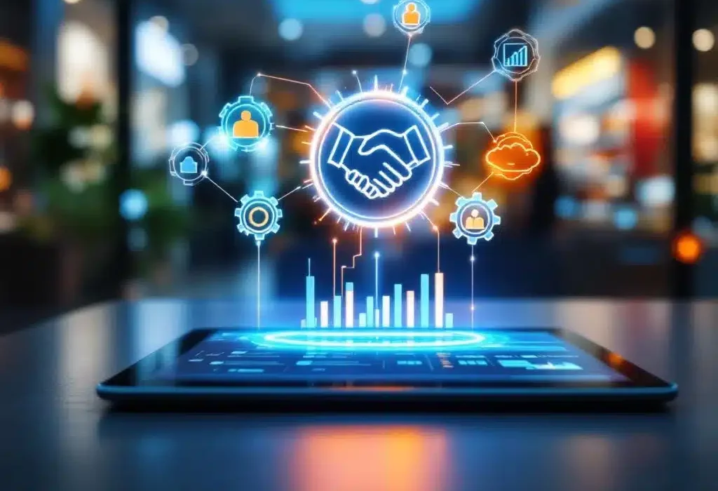 Tablet met B2B retail analytics dashboard op moderne bureauopstelling met holografische handdruk en netwerkverbindingen