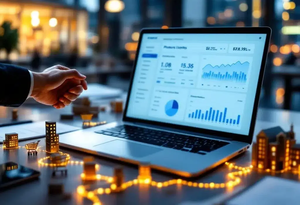 Moderne bureauopstelling met laptop met e-commerce dashboard, contracten en miniatuur winkelwagentjes op gouden paden