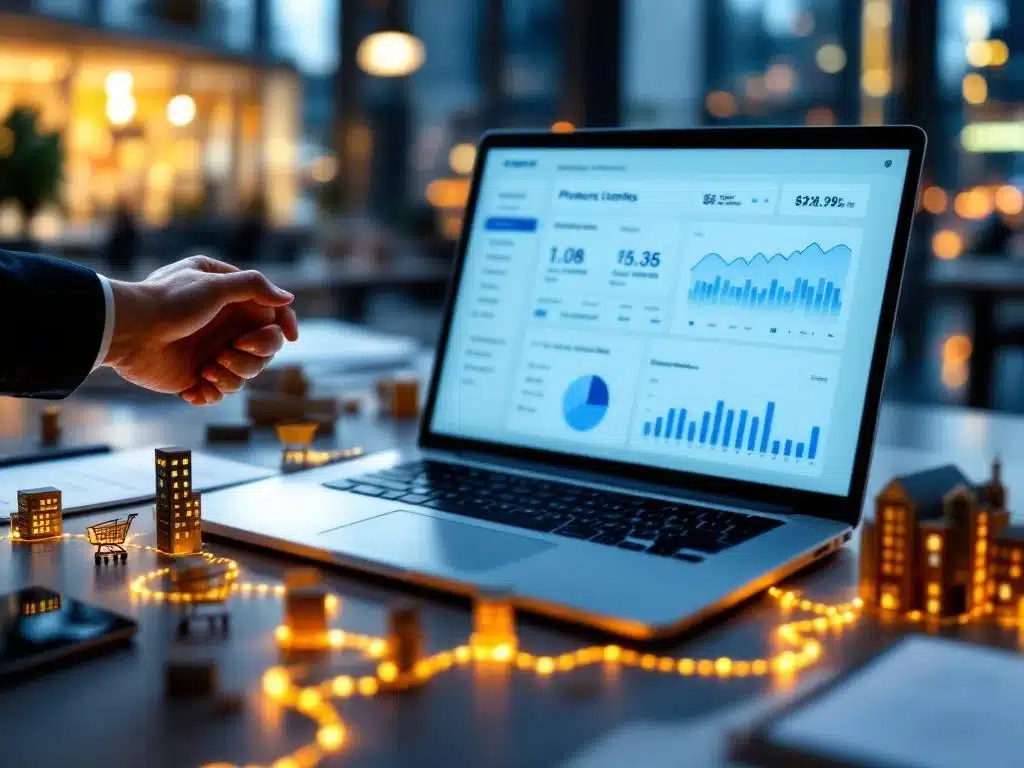 Moderne bureauopstelling met laptop met e-commerce dashboard, contracten en miniatuur winkelwagentjes op gouden paden