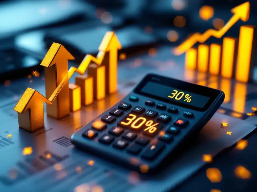 Calculator toont 30% op scherm met gouden groeipijlen en financiële grafieken op moderne zakelijke bureau