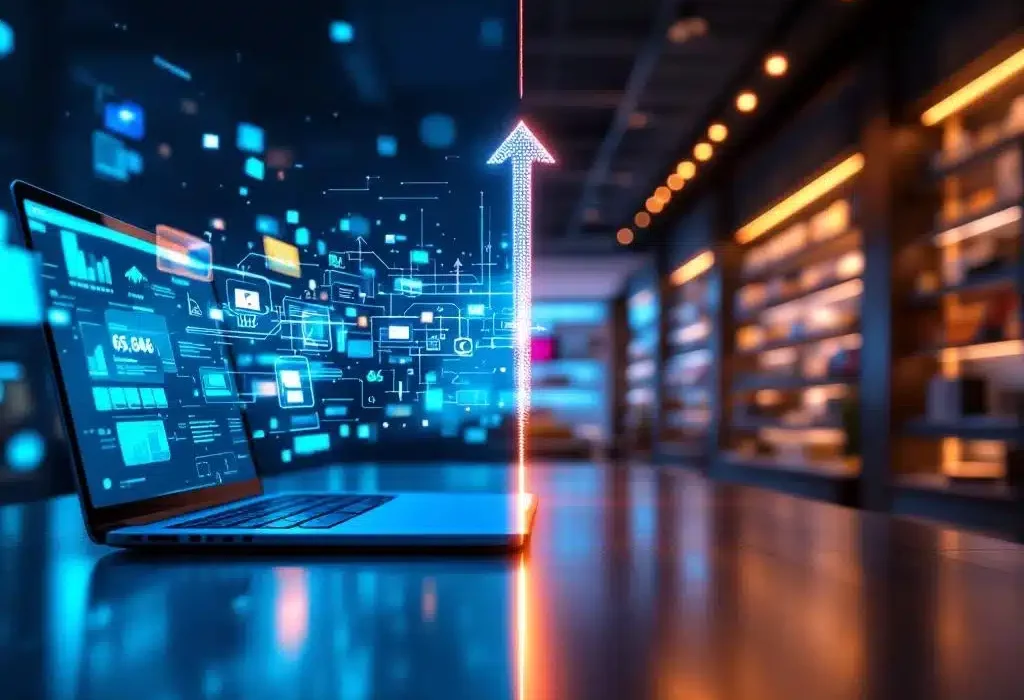 Split-screen weergave van digitale naar fysieke retail: laptop met e-commerce site links, moderne winkel rechts, verbonden door pijl