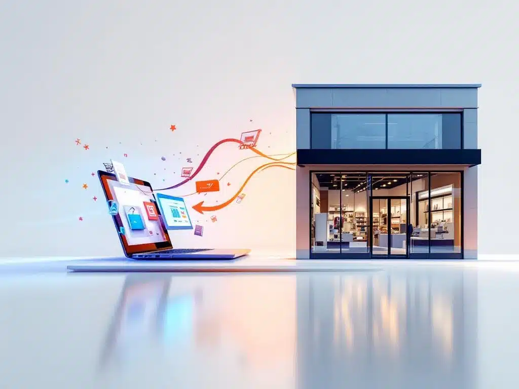 Splitscherm toont overgang van online winkel op laptop naar fysieke winkel met pijl die digitale transformatie symboliseert