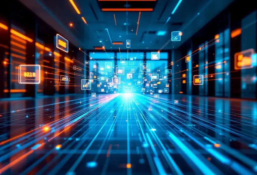 Zakelijke e-commerce hub met gloeiende verkoopkanalen die convergeren in modern kantoor met holografische displays