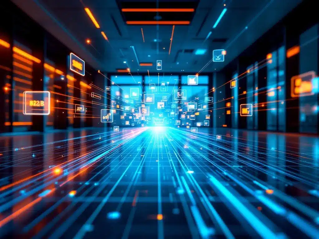 Zakelijke e-commerce hub met gloeiende verkoopkanalen die convergeren in modern kantoor met holografische displays