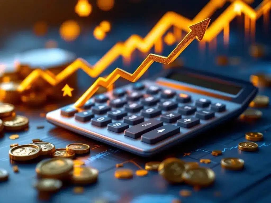 Calculator met stijgende cijfers omringd door gouden munten en opwaartse pijlen op moderne zakelijke bureau met groeigrafieken