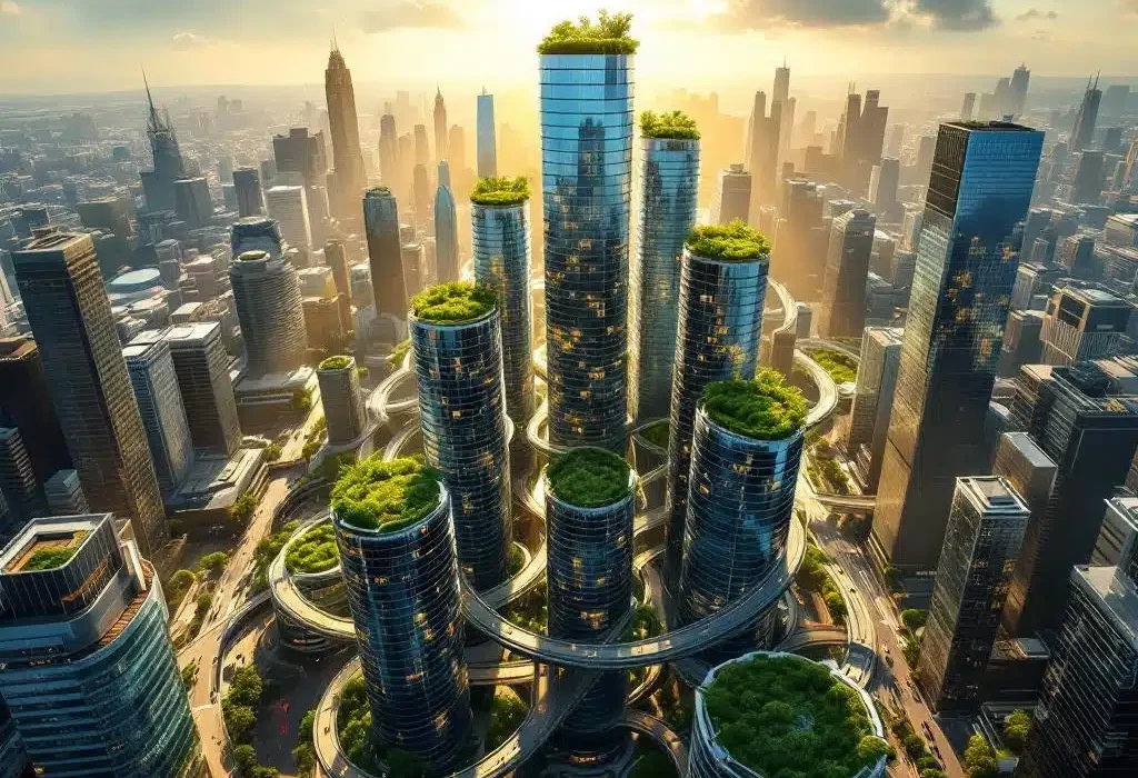 Luchtfoto van moderne glazen kantoorgebouwen in spiraalvorm met groene dakterrassen, verlicht door gouden zonlicht