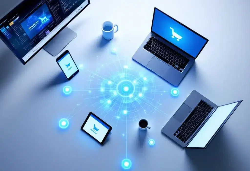 Verbonden apparaten in cirkel met identieke winkelinterface, verbonden door blauwe digitale paden op witte ondergrond