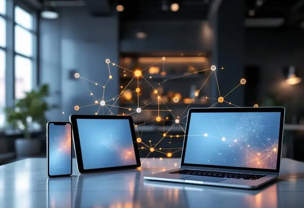 Moderne zakelijke apparaten met onderling verbonden digitale interfaces tonen naadloze omnichannel klantervaring