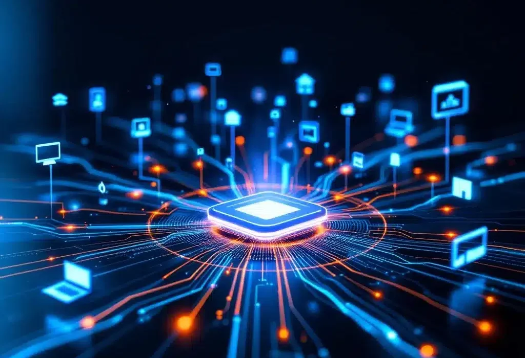 Moderne zakelijke omgeving met onderling verbonden digitale kanalen die samenkomen in een centraal punt met holografische pictogrammen