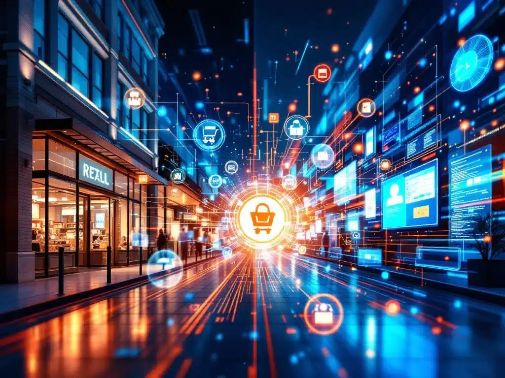 Split-screen toont fysieke winkel en digitale interfaces verbonden door kleurrijke datastromen en winkelwagenpictogrammen