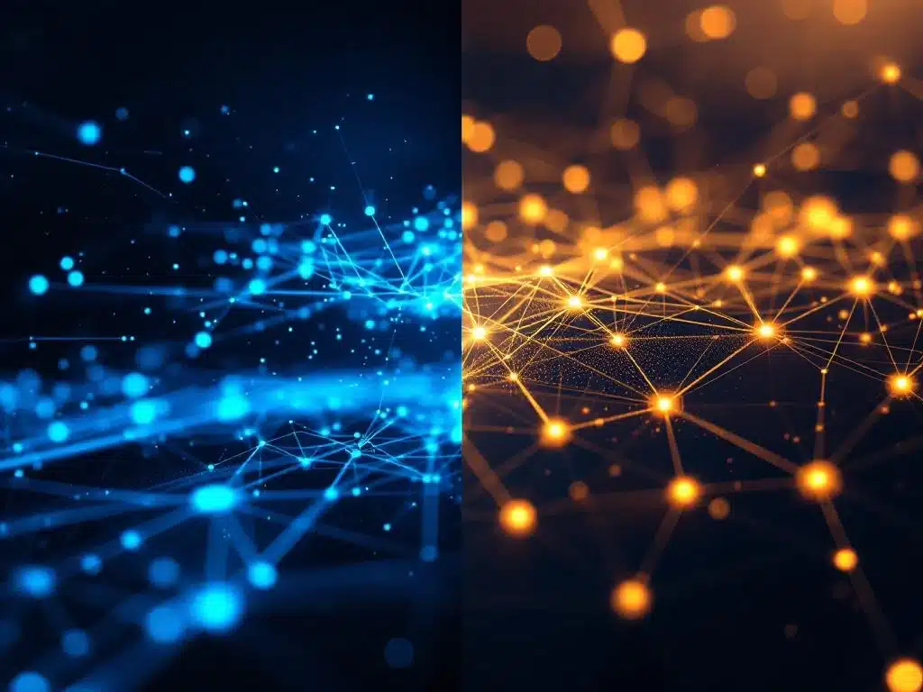Split-screen vergelijking van gefragmenteerde blauwe kanalen versus geïntegreerd gouden omnichannel netwerk