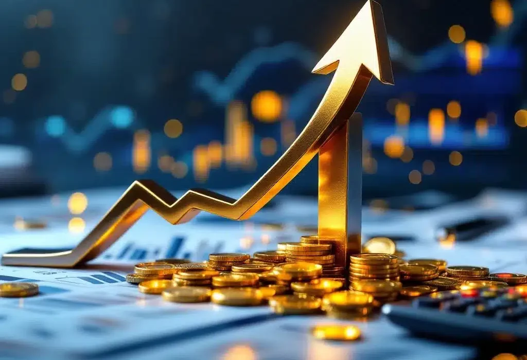 Chromen pijl doorprikt financiële grafieken met gouden munten, symboliseert bedrijfsgroei en omzetstijging