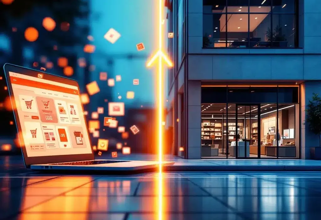 Split-screen toont overgang van online winkel op laptop naar fysieke winkelruimte, verbonden door gouden pijl