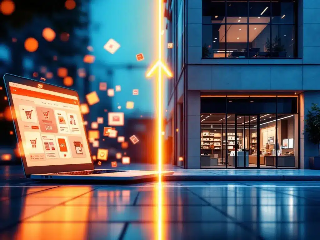 Split-screen toont overgang van online winkel op laptop naar fysieke winkelruimte, verbonden door gouden pijl