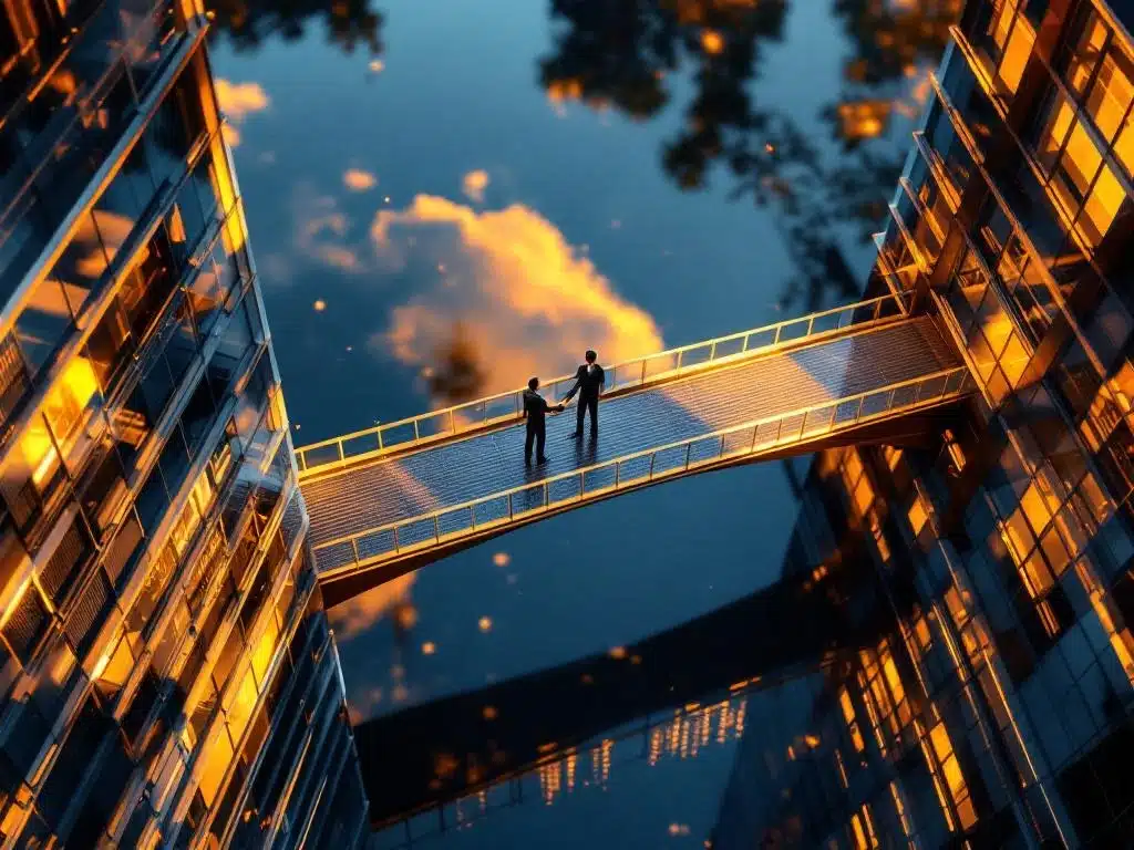 Luchtfoto van twee moderne kantoorgebouwen verbonden door gouden brug, zakenmensen schudden handen, partnership symbool