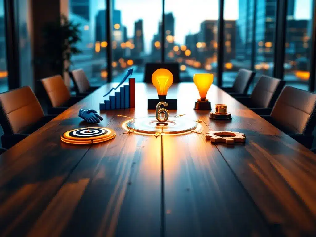 Conferentietafel met zes bedrijfselementen in cirkelpatroon: handdruk, grafiek, doel, lamp, tandwiel en trofee