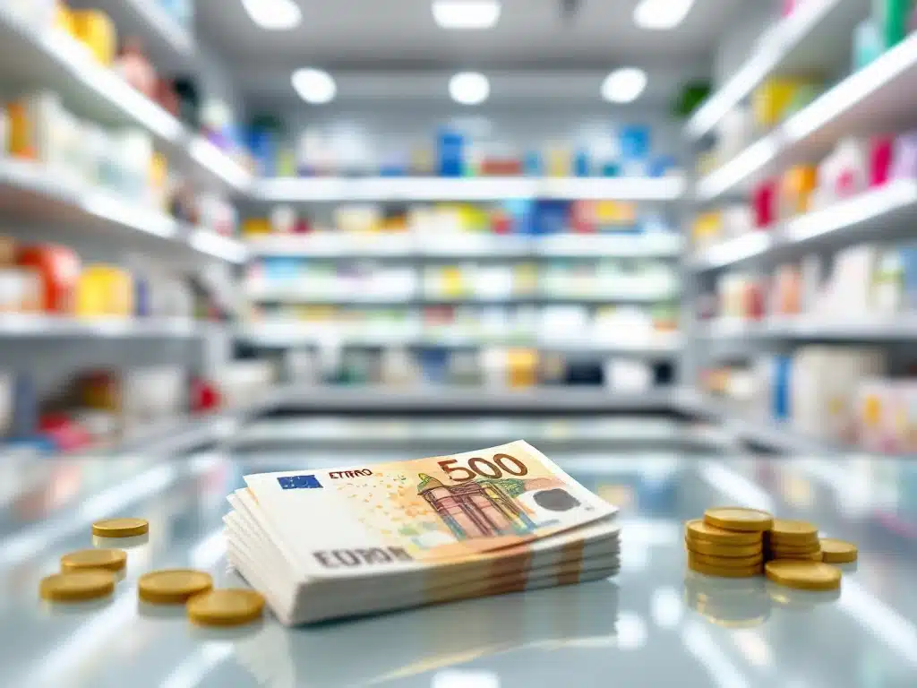 Stapel eurobiljetten en munten op glazen oppervlak met kleurrijke gezondheids- en schoonheidsproducten op apotheekplanken op achtergrond