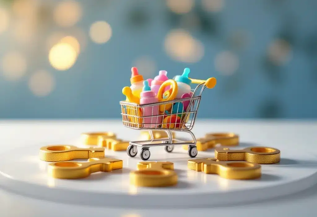 Zes gouden sleutelvormige succesfactoren rond winkelwagentje met babyproducten op witte ondergrond