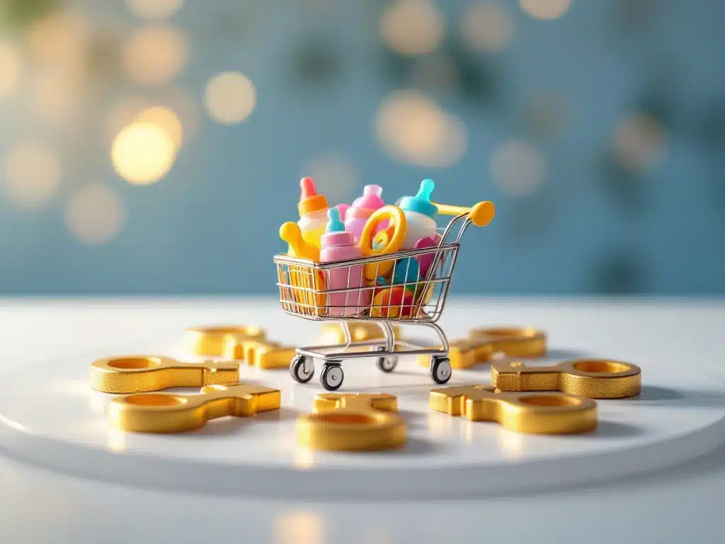 Zes gouden sleutelvormige succesfactoren rond winkelwagentje met babyproducten op witte ondergrond
