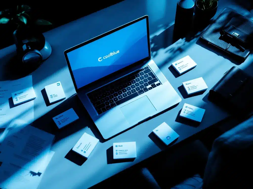 Laptop met Coolblue interface op modern bureau, omringd door negen visitekaartjes in cirkel met contactgegevens