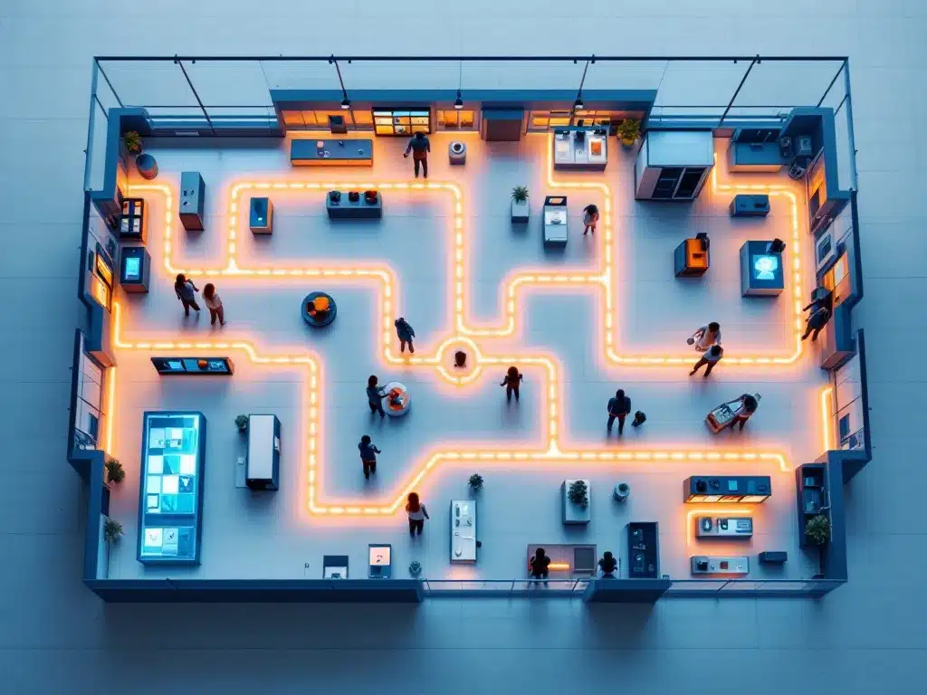 Luchtfoto van moderne winkel plattegrond met zeven afdelingen verbonden door verlichte paden en strategische displays