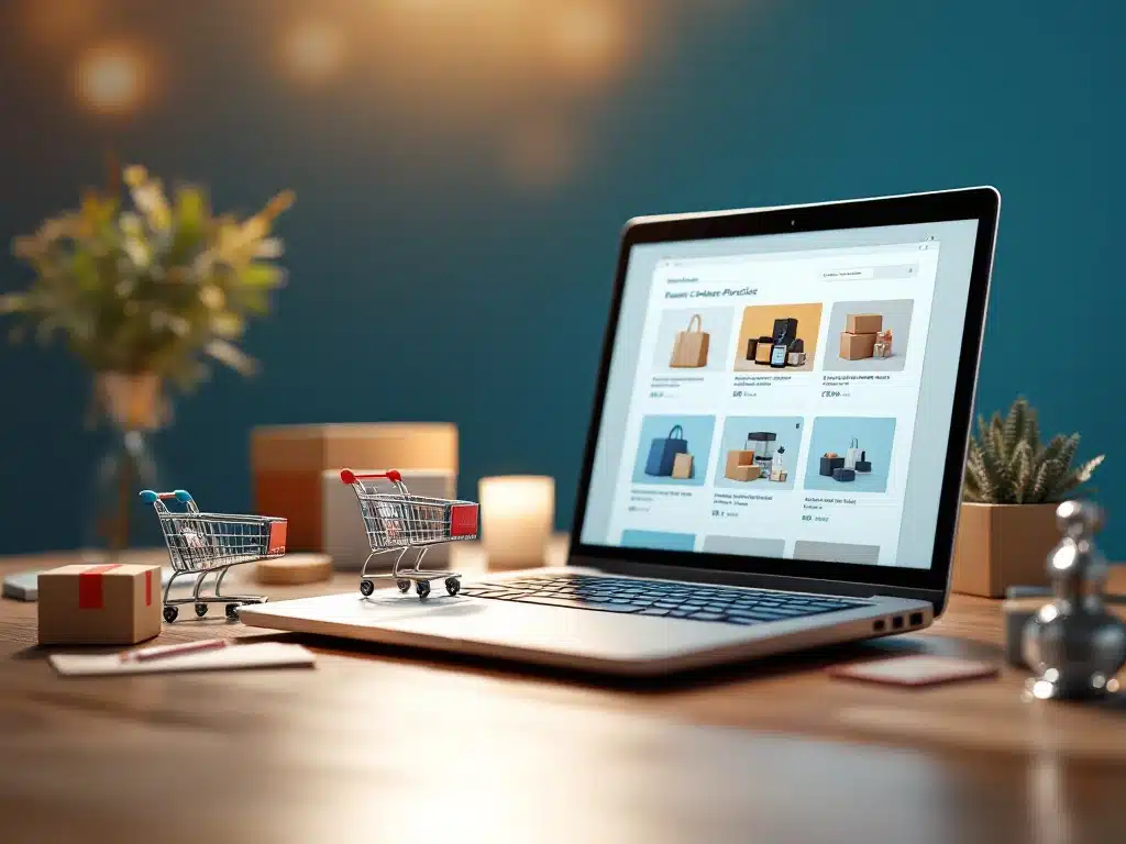 Laptop met kleurrijke e-commerce productlijsten op houten bureau omringd door miniatuur winkelwagentjes en pakketjes