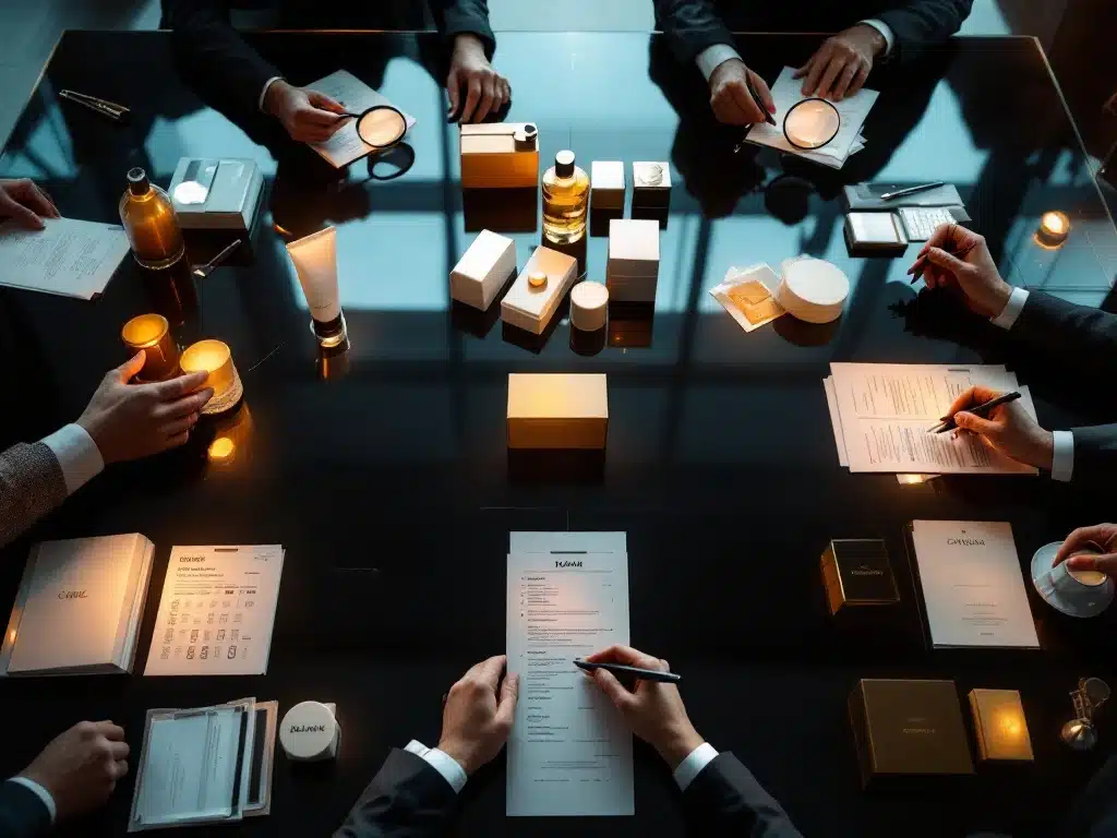 Zakelijke handen onderzoeken productmonsters met vergrootglazen op glanzende conferentietafel met merklogo's