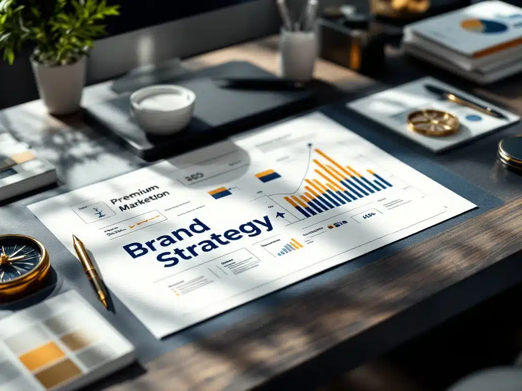 Modern kantoorbureau met merkstrategie blauwdruk, marketingmaterialen, kleurenstalen en gouden kompas richting groeigrafieken